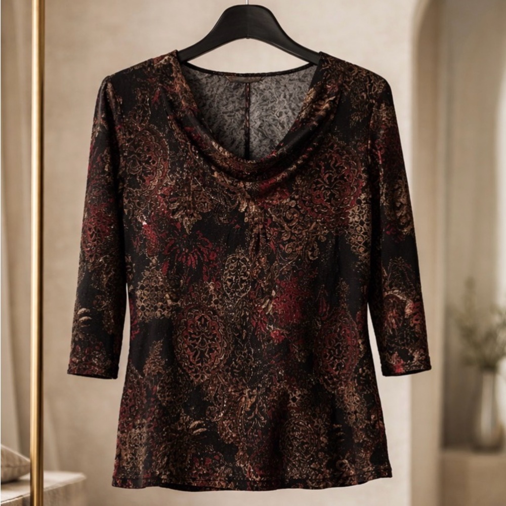 White Stag Black Red and Gold Patterned Cowl Neck Top